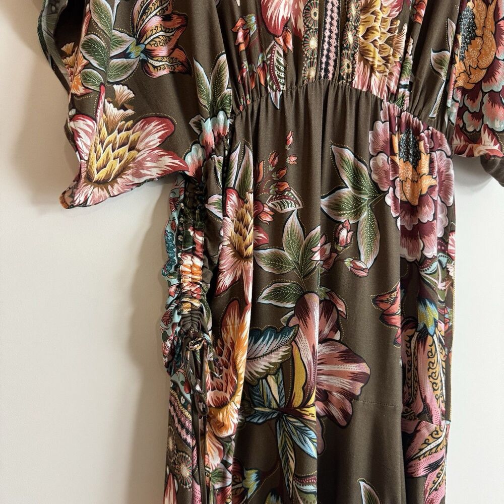 Farm Rio Anthropologie Valentina Floral Maxi Dress M Brown Boho Kimono Sleeve - Picture 5 of 14